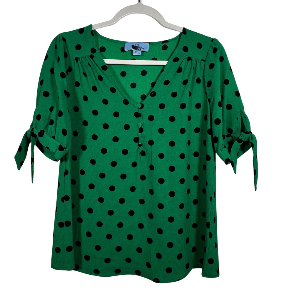 CeCe Green Black Polka Dot V-Neck Tie Sleeve‎ Blouse Top XS 8334